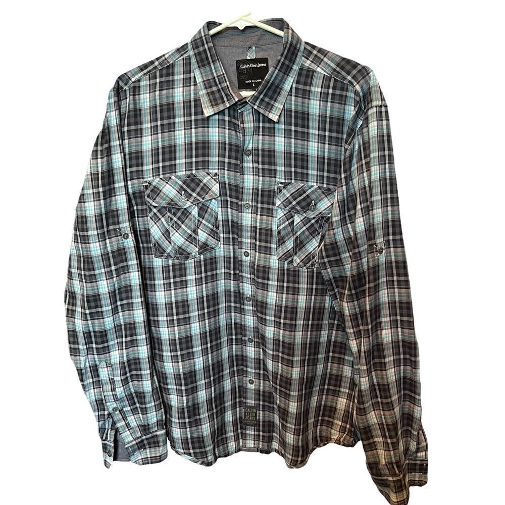 Calvin Klein Jeans button up western shirt plaid blue/black/white Large NWOT